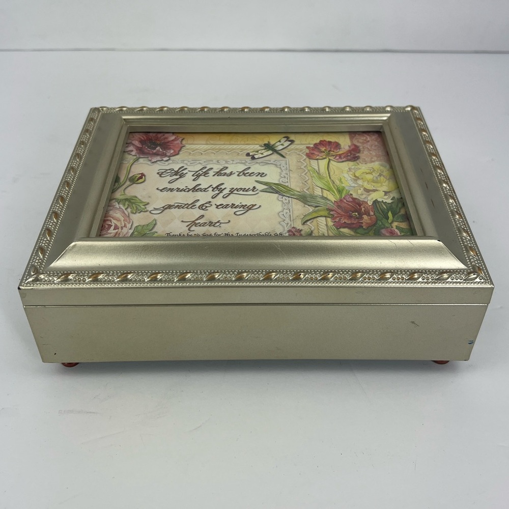 SANKYO MUSIC BOX, JEWELRY BOX,  WOODEN BOX, GOLD ROSE COLOR, PLAYS AMAZING GRACE